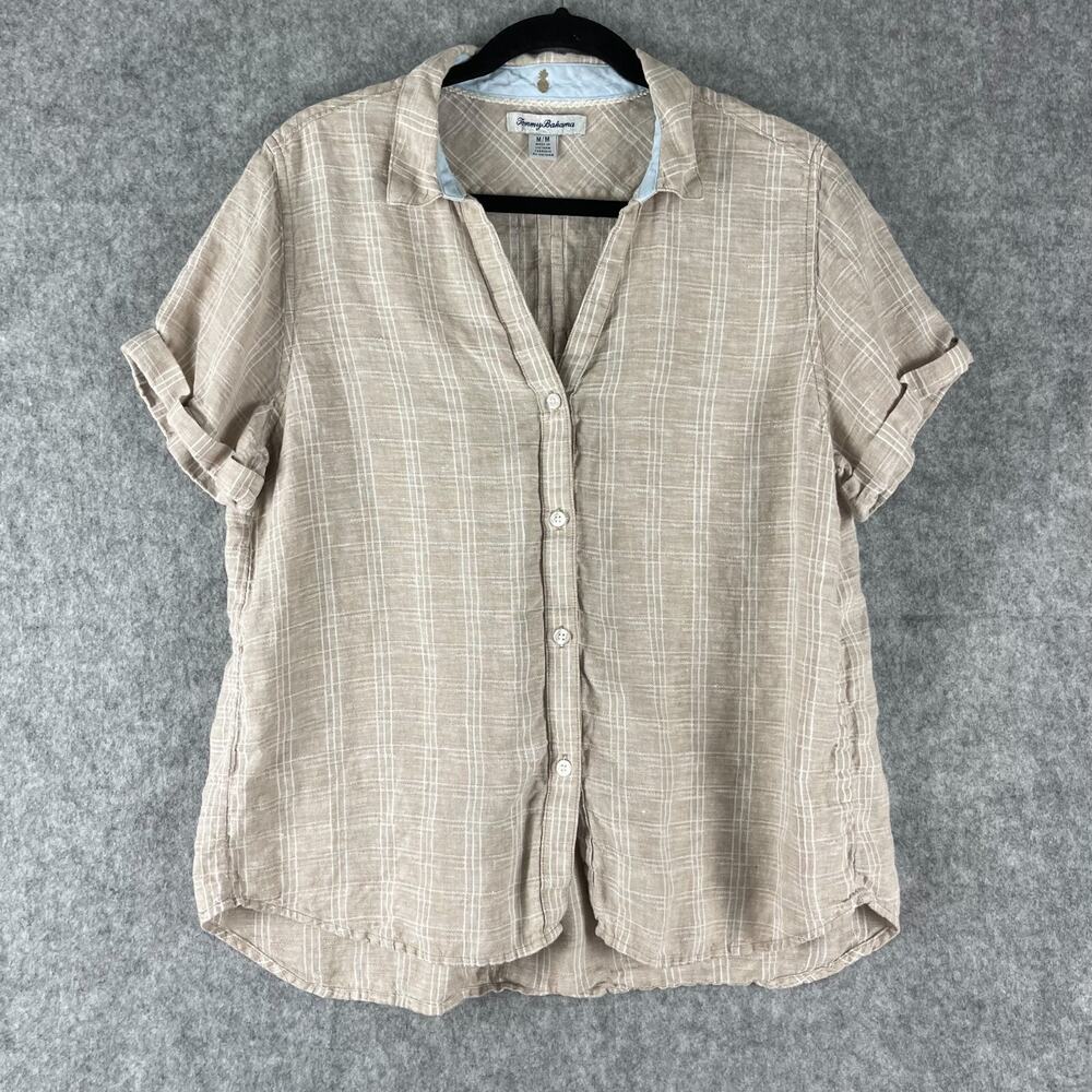 Tommy Bahama Linen Top Womens Medium Beige Plaid Short Sleeve Coastal Beachy - Picture 1 of 12